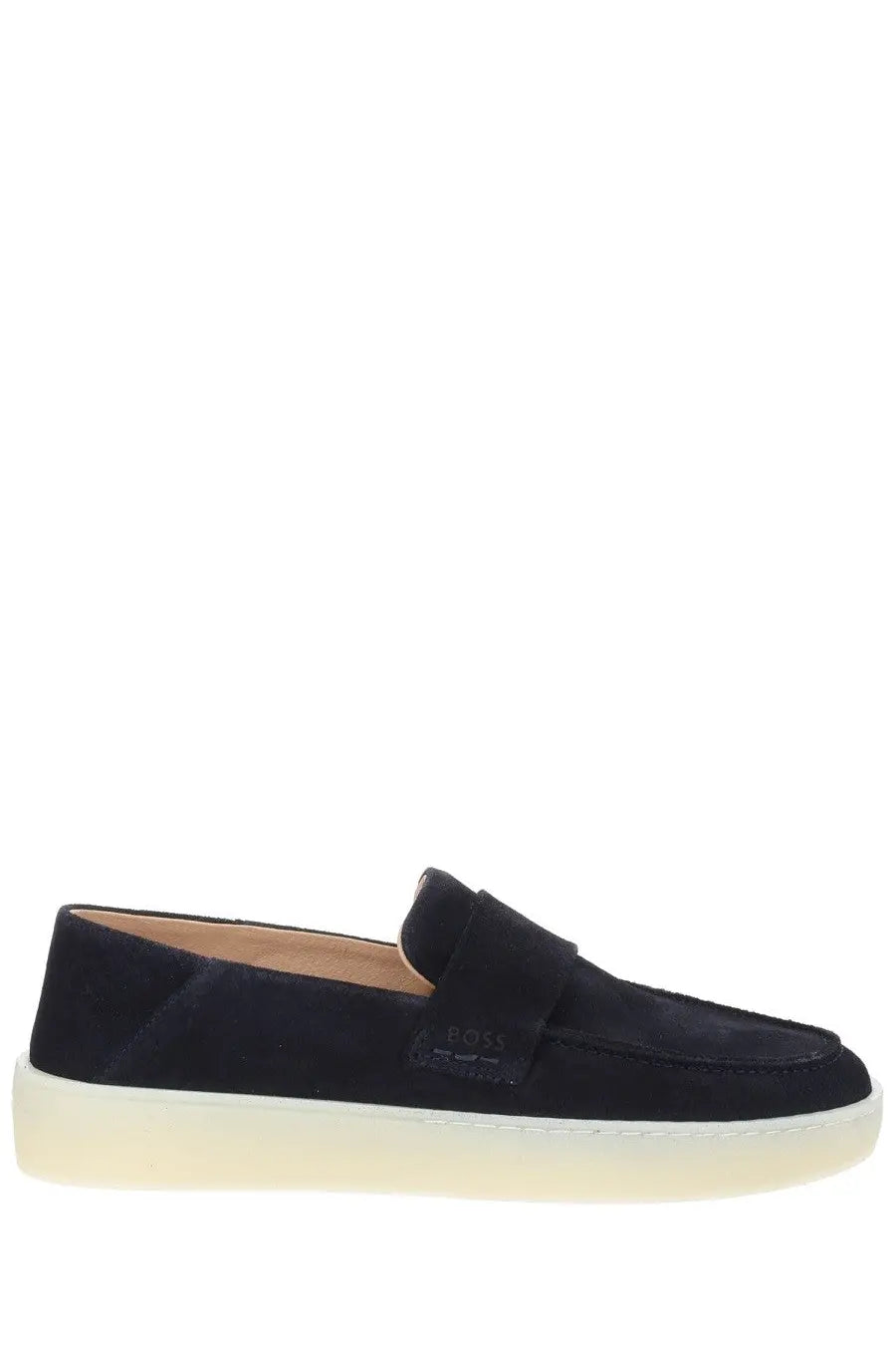 Black suede boss men’s moccasin loafer with white rubber sole and embroidered brand name on strap