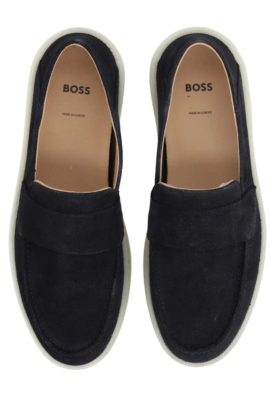 Black suede BOSS men’s moccasin Kieran loafers with white rubber sole and boss logo on the insole