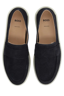 Black suede BOSS men’s moccasin Kieran loafers with white rubber sole and boss logo on the insole