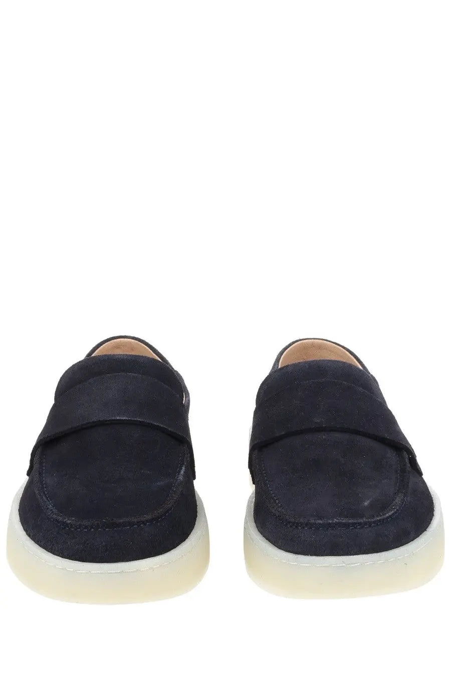Navy blue suede BOSS men’s moccasin Kieran loafers with translucent off-white rubber sole for casual wear