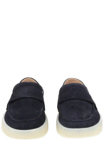Navy blue suede BOSS men’s moccasin Kieran loafers with translucent off-white rubber sole for casual wear