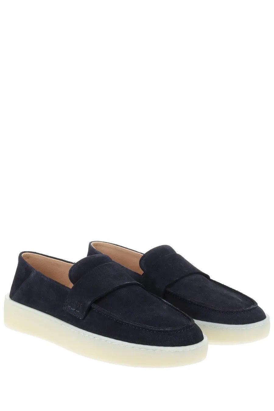 BOSS men’s moccasin Kieran blue navy blue suede loafers with white rubber sole for casual wear