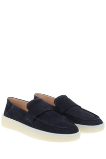 BOSS men’s moccasin Kieran blue navy blue suede loafers with white rubber sole for casual wear