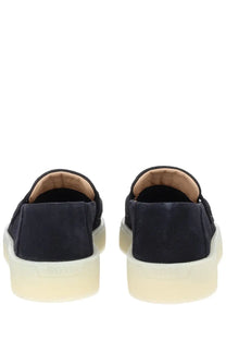 Navy suede slip-on moccasin sneakers for men with translucent off-white rubber sole by BOSS Kieran Blue