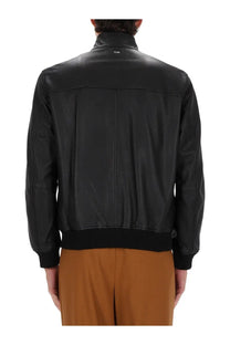 BOSS men’s Moiner jacket black leather bomber jacket with ribbed cuffs and waistband visible from the front