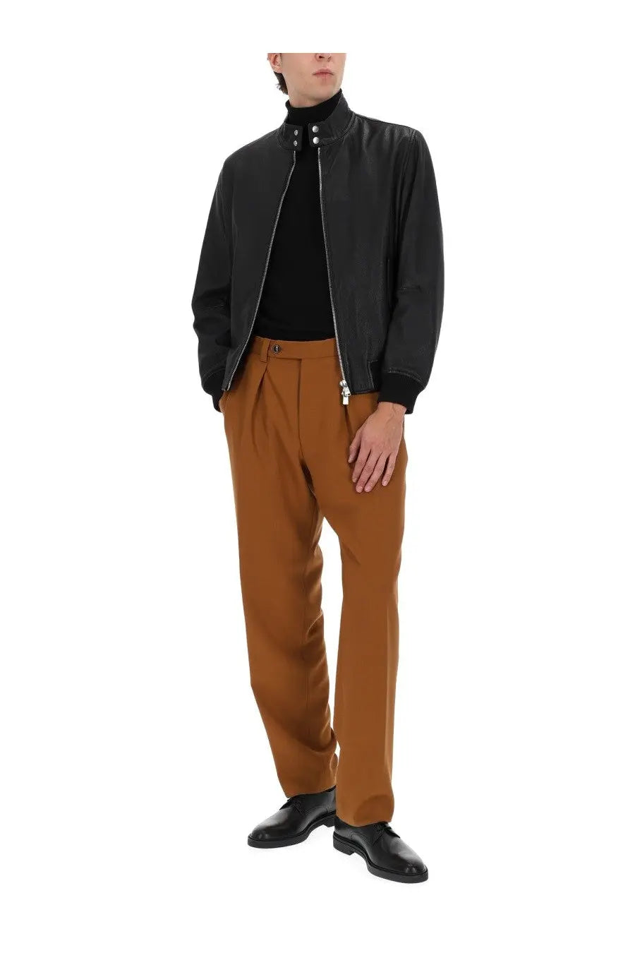 Boss men’s Moiner black leather bomber jacket with silver zipper and button details front view