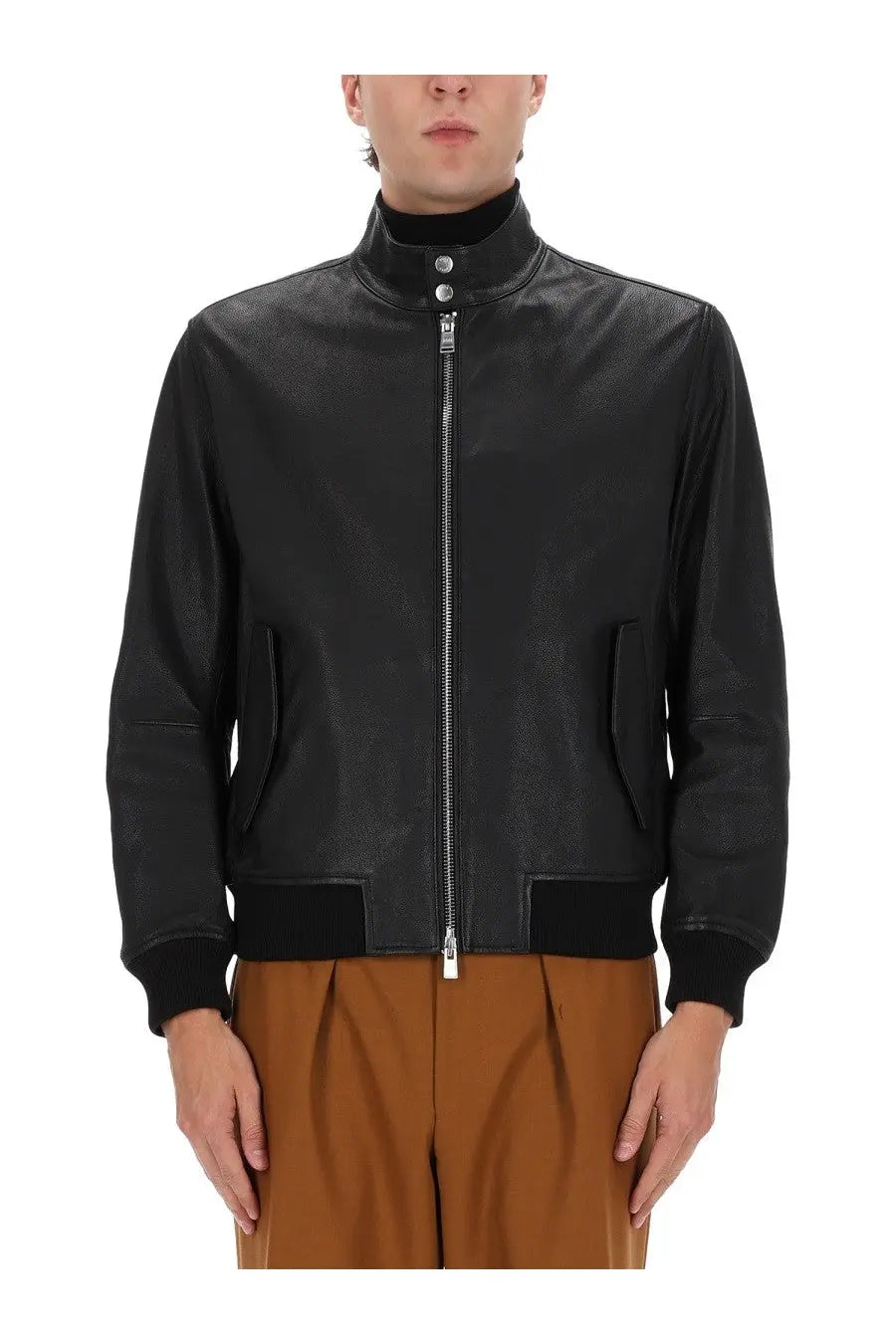 Boss men’s Moiner black leather bomber jacket with silver zipper and button details
