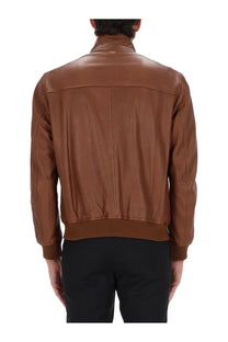 BOSS men’s moiner jacket brown leather bomber jacket with ribbed cuffs and waistband for casual wear