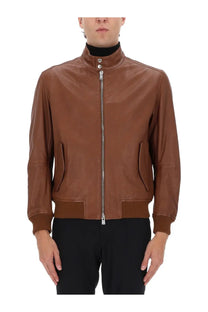 Boss men’s moiner jacket brown brown leather bomber jacket with ribbed cuffs waistband silver zipper and snap buttons