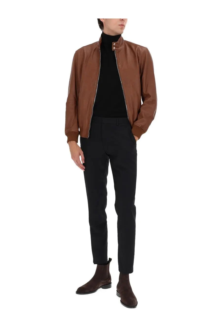 Boss men’s moiner jacket brown brown leather bomber jacket with stand-up collar and zipper closure