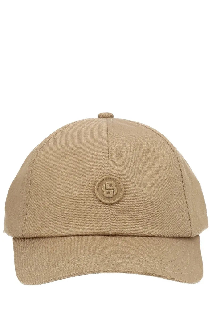 Beige cotton BOSS men’s monogram baseball hat featuring a matching embroidered circular logo on the front