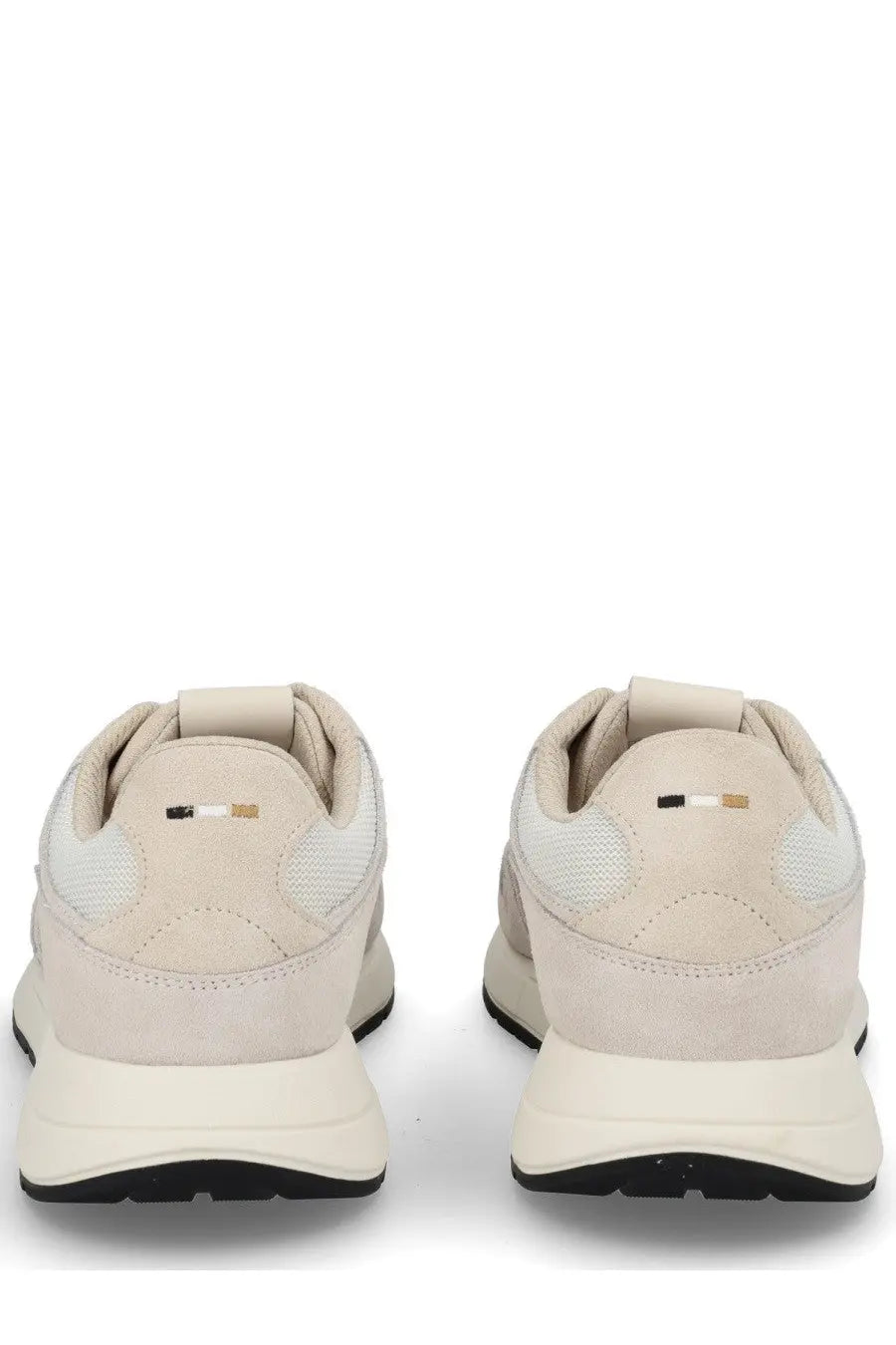 Beige suede and mesh boss men’s monogrammed sneaker pink with white sole and gold black heel stripes back view