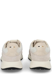 Beige suede and mesh boss men’s monogrammed sneaker pink with white sole and gold black heel stripes back view