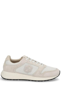 BOSS men’s monogrammed sneaker pink in beige suede and mesh with a subtle gray logo on the side