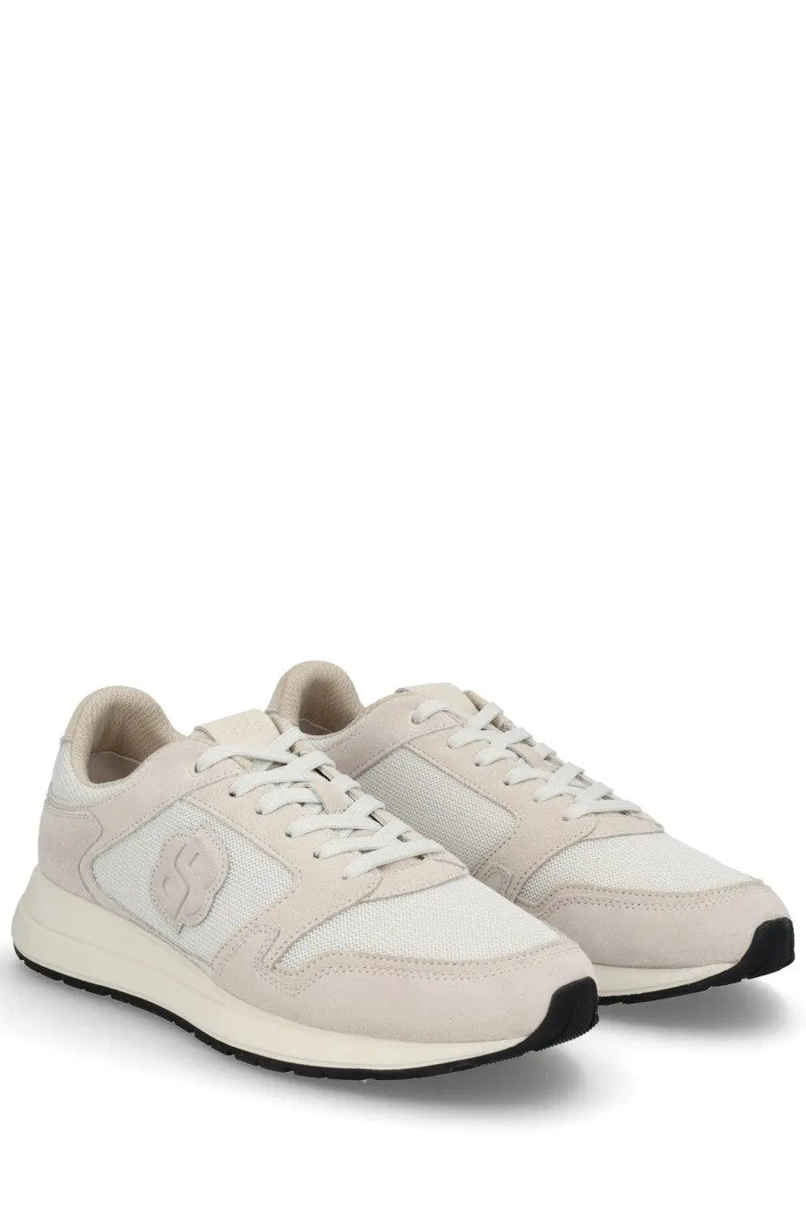 BOSS men’s monogrammed sneaker pink with beige and white mesh and suede upper and black rubber sole
