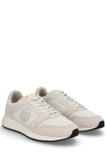 BOSS men’s monogrammed sneaker pink with beige and white mesh and suede upper and black rubber sole