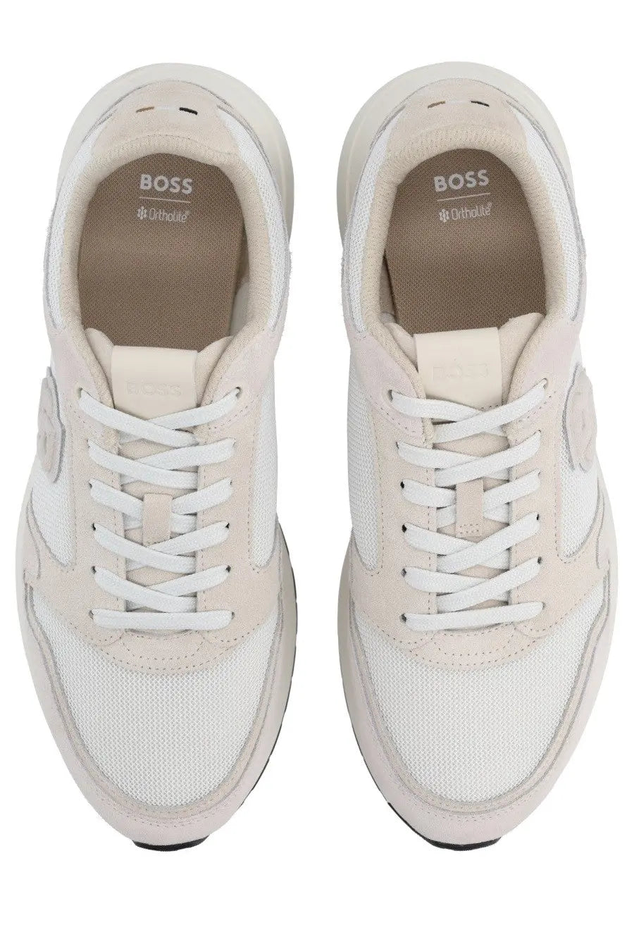 Beige and white boss men’s monogrammed sneaker pink with ortholite mesh and suede panels for casual wear