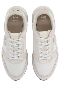 Beige and white boss men’s monogrammed sneaker pink with ortholite mesh and suede panels for casual wear