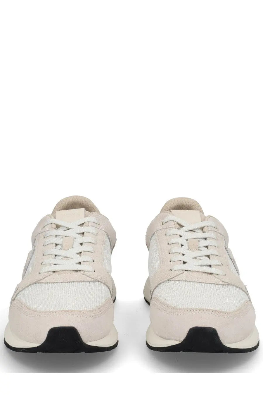 BOSS men’s monogrammed sneaker pink cream-colored suede and mesh sneakers with white laces and black rubber soles