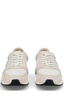 BOSS men’s monogrammed sneaker pink cream-colored suede and mesh sneakers with white laces and black rubber soles