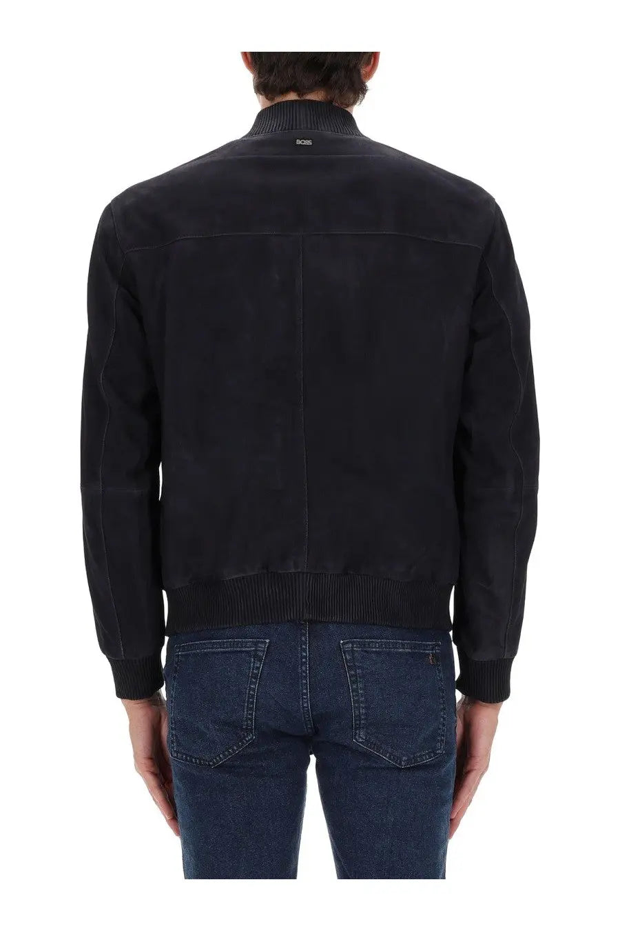 Black suede bomber jacket with ribbed cuffs and collar in boss men’s muller jacket blue product line