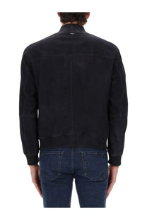 Black suede bomber jacket with ribbed cuffs and collar in boss men’s muller jacket blue product line