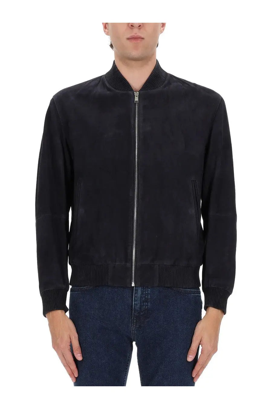 Boss men’s Muller jacket blue featuring black suede bomber style with ribbed cuffs and collar