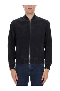 Boss men’s Muller jacket blue featuring black suede bomber style with ribbed cuffs and collar