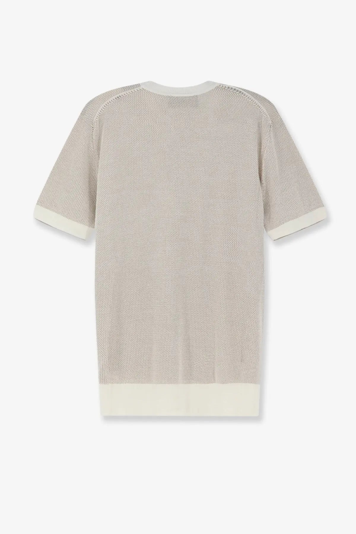 Boss men’s Necasio silk and cotton beige knit short-sleeved top with cream ribbed cuffs and hem