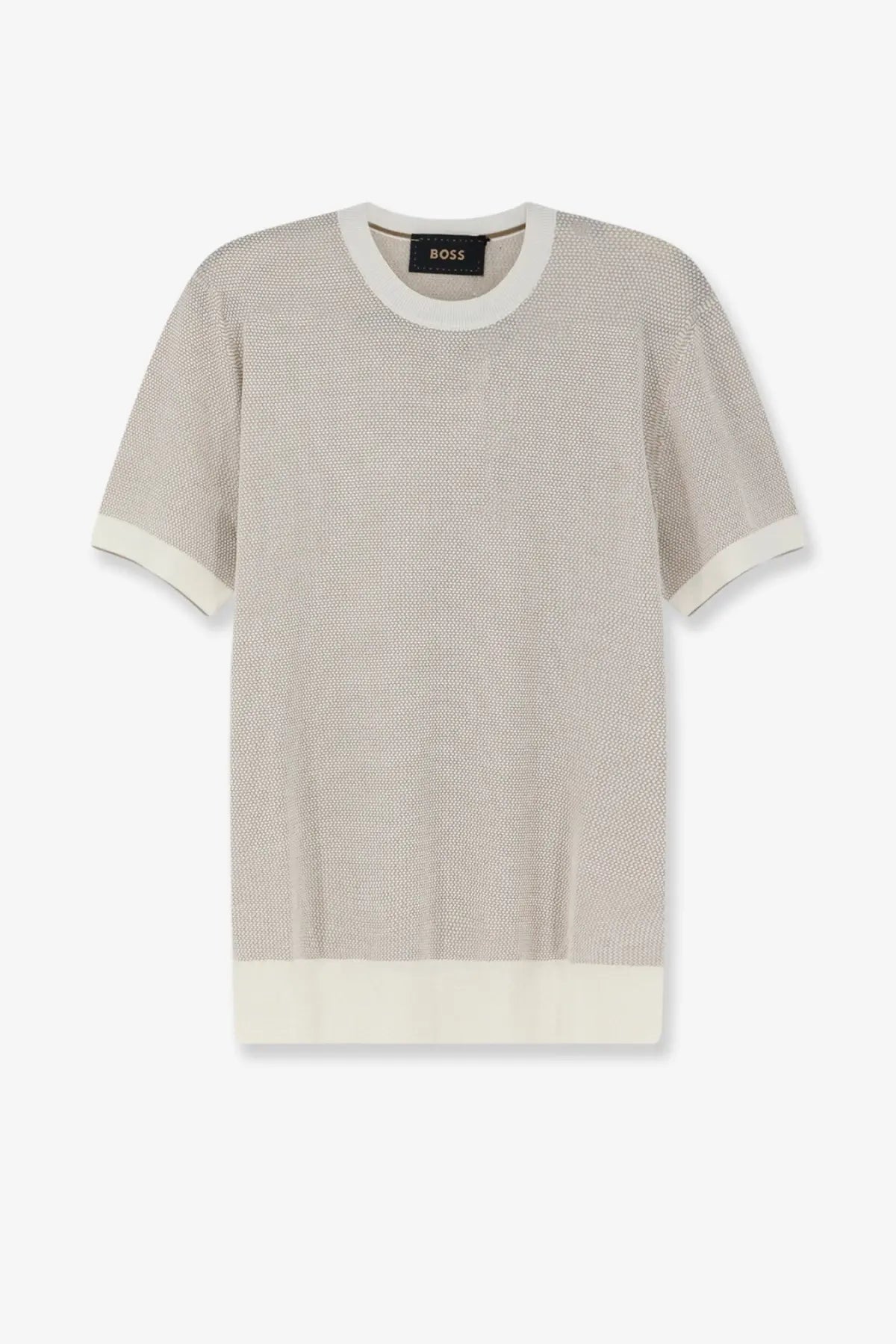 BOSS men’s Necasio silk and cotton sweater in white with light beige knit short sleeves and cream ribbed trim