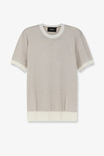 BOSS men’s Necasio silk and cotton sweater in white with light beige knit short sleeves and cream ribbed trim