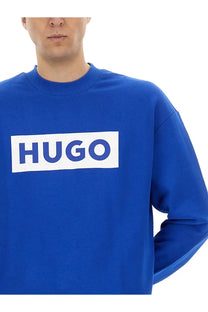 Blue boss men’s niero sweatshirt featuring a white rectangular logo with bold blue lettering on front