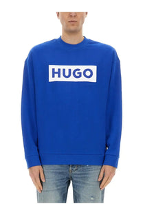 BOSS men’s Niero royal blue sweatshirt with bold white rectangular logo across the chest in cotton fabric