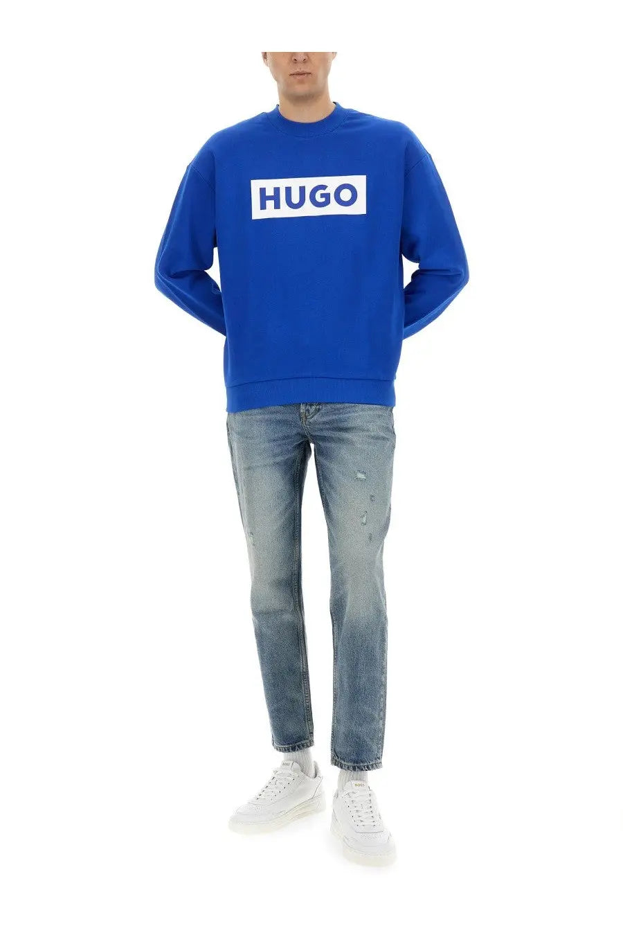 Boss men’s niero royal blue sweatshirt with bold white rectangular logo across the chest for casual wear
