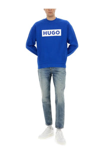 Boss men’s niero royal blue sweatshirt with bold white rectangular logo across the chest for casual wear