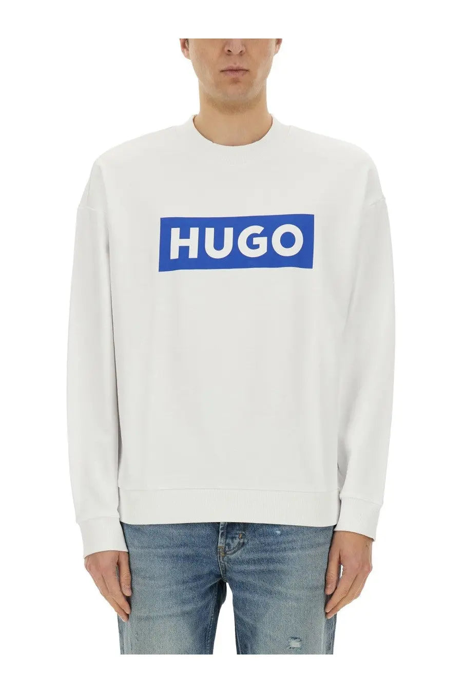 Boss men’s Niero sweatshirt white with bold blue rectangular logo and white lettering across the chest