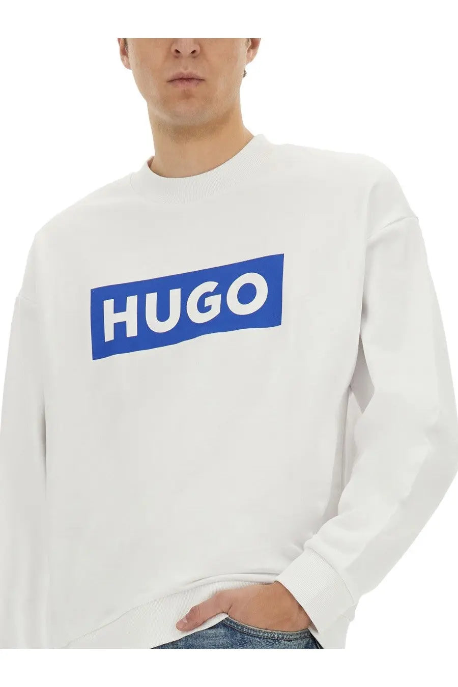 BOSS men’s Niero sweatshirt white featuring a bold blue rectangular logo on the chest in soft fabric