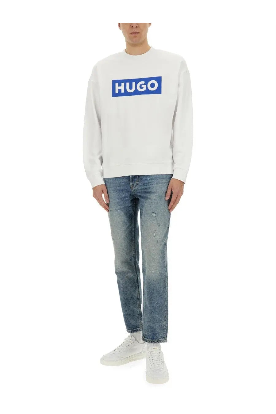 White boss men’s niero sweatshirt featuring a bold blue rectangular logo across the chest in soft fabric