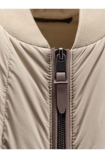 BOSS men’s beige nylon sleeveless quilted bomber jacket with dark gray zipper pull and matching suede tab