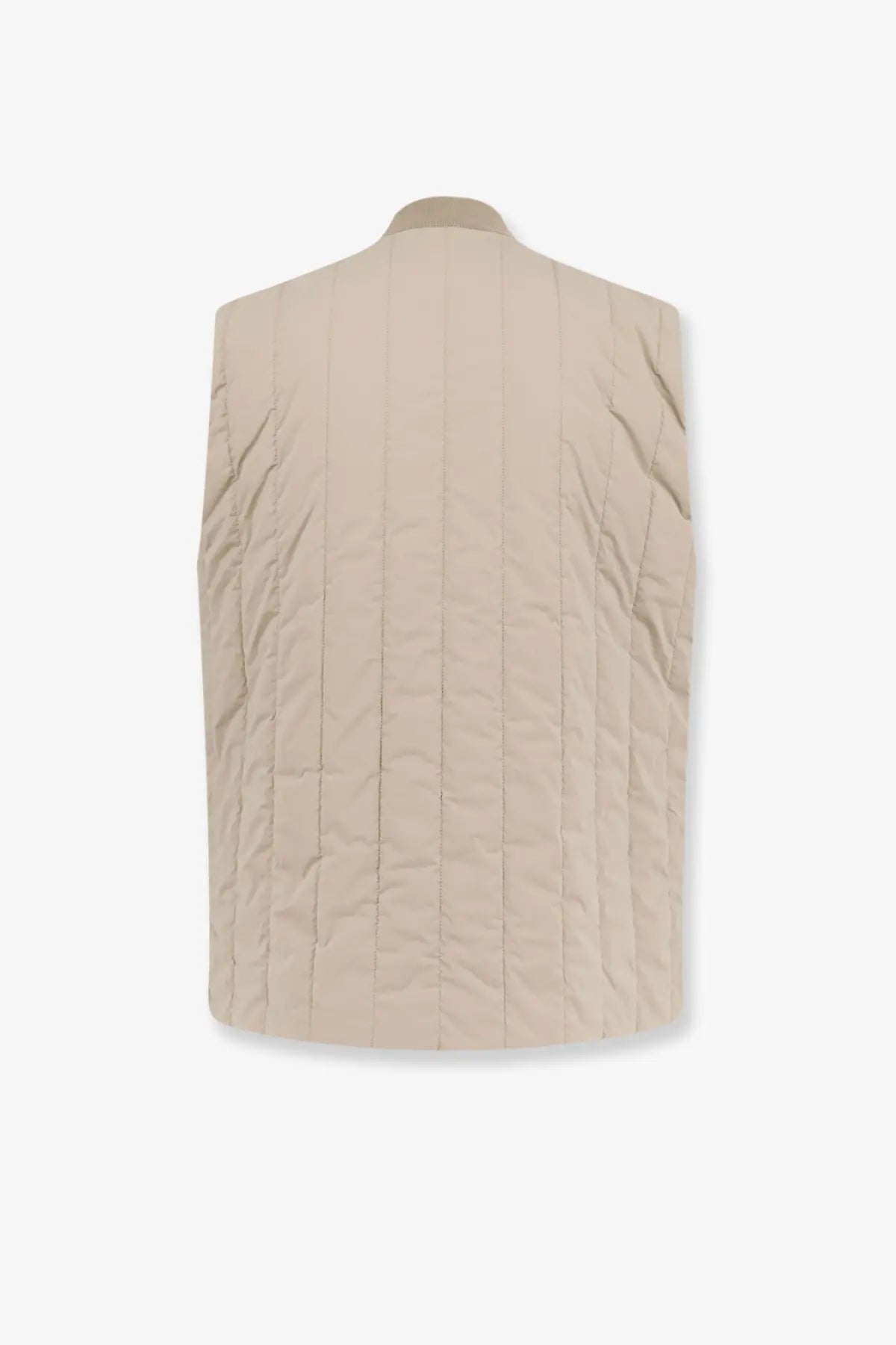BOSS men’s beige nylon sleeveless jacket with quilted vertical stitching and a structured collar