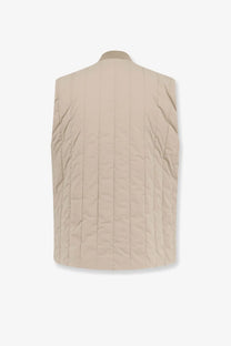 BOSS men’s beige nylon sleeveless jacket with quilted vertical stitching and a structured collar