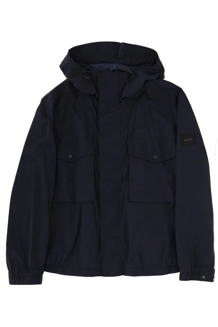 BOSS men’s omusk jacket blue dark navy hooded jacket with two front flap pockets and brand patch on left sleeve