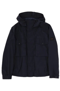 BOSS men’s omusk jacket blue dark navy hooded jacket with two front flap pockets and brand patch on left sleeve