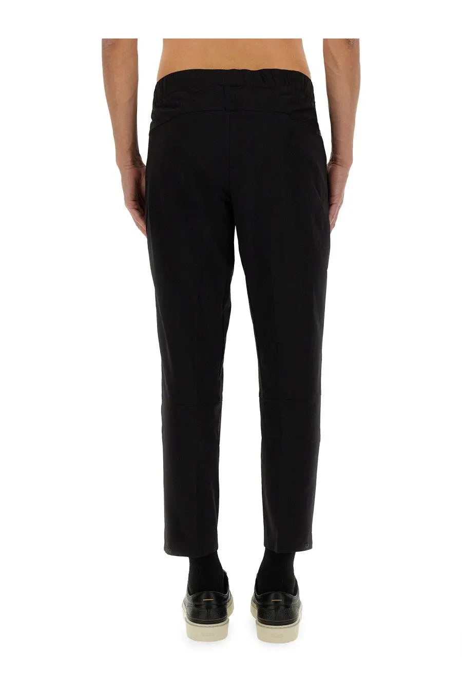 BOSS men’s black tailored trousers with a sleek straight-leg cut and subtle pleats at the waistband