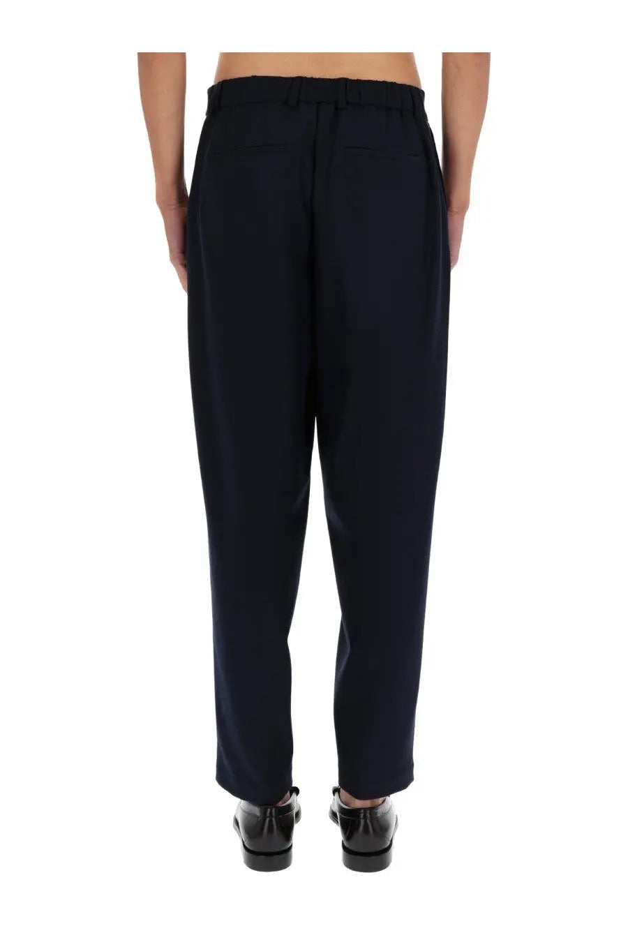 Dark navy wool BOSS men’s formal pants with relaxed fit and elastic waistband for comfortable wear