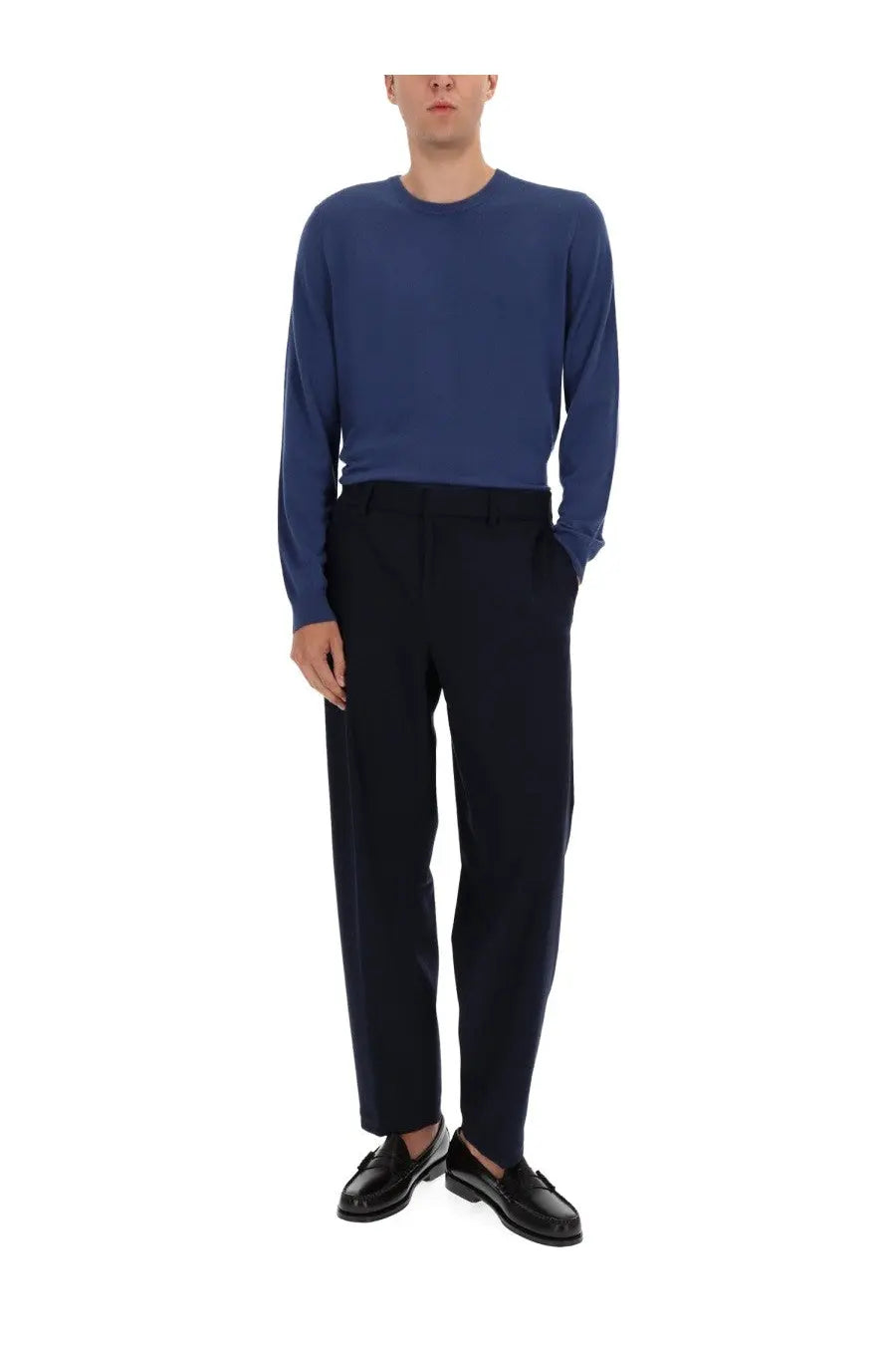 Navy blue long-sleeved knit sweater paired with boss men’s formal blue pants for a polished look
