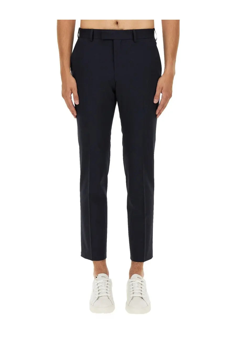 Black tailored trousers with sleek straight-leg cut and subtle creasing boss men’s pants george blue