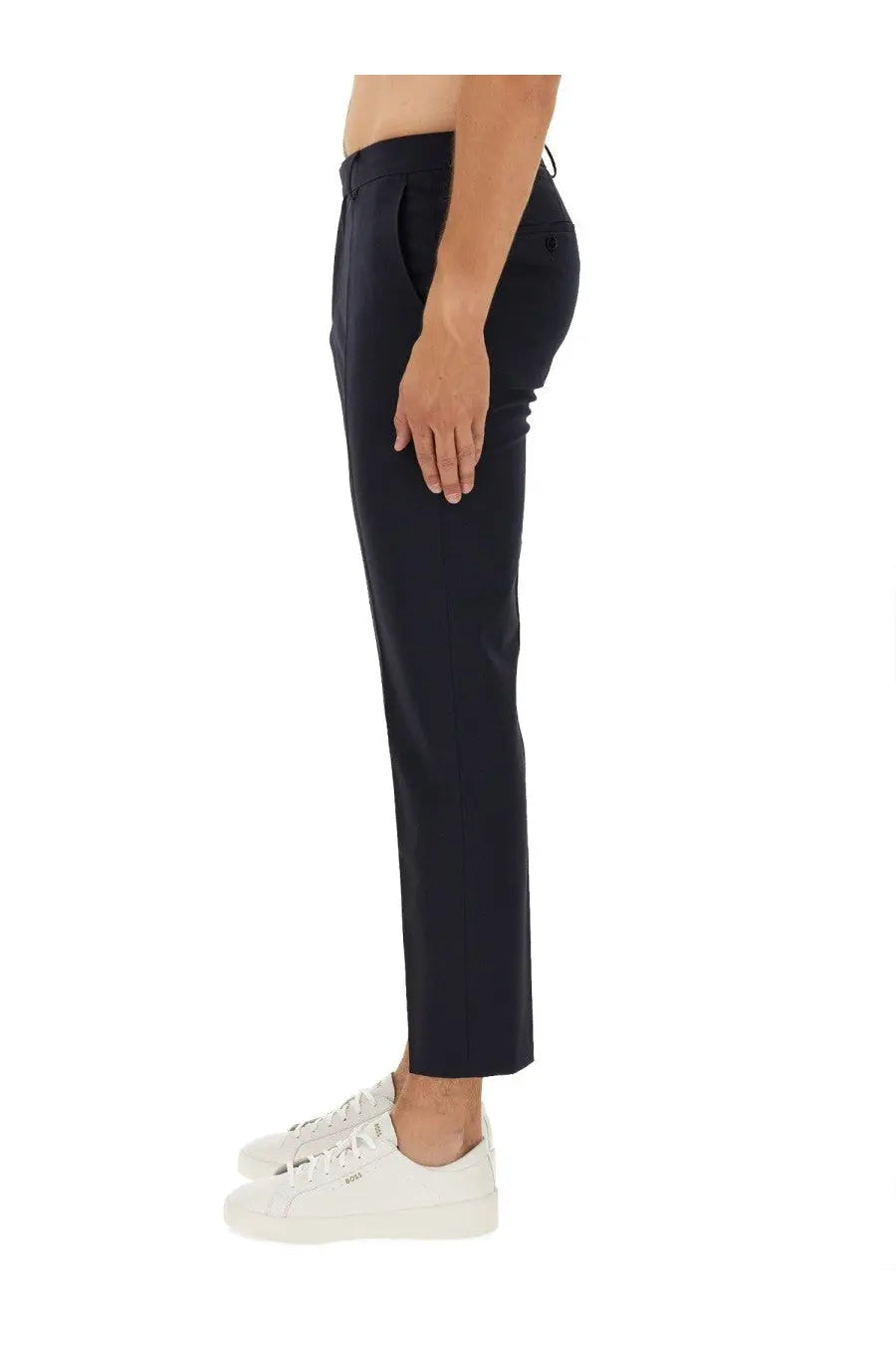 Black tailored trousers by BOSS featuring a sleek straight-leg cut and subtle pleats at the waistband