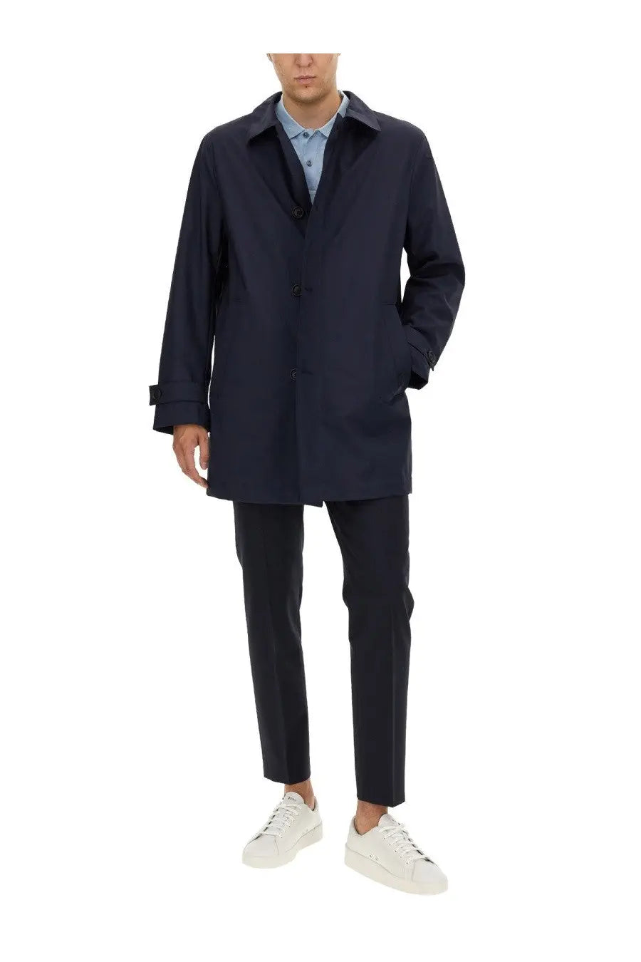 Navy blue trench coat with classic collar and button closure featured with BOSS Men’s George blue pants