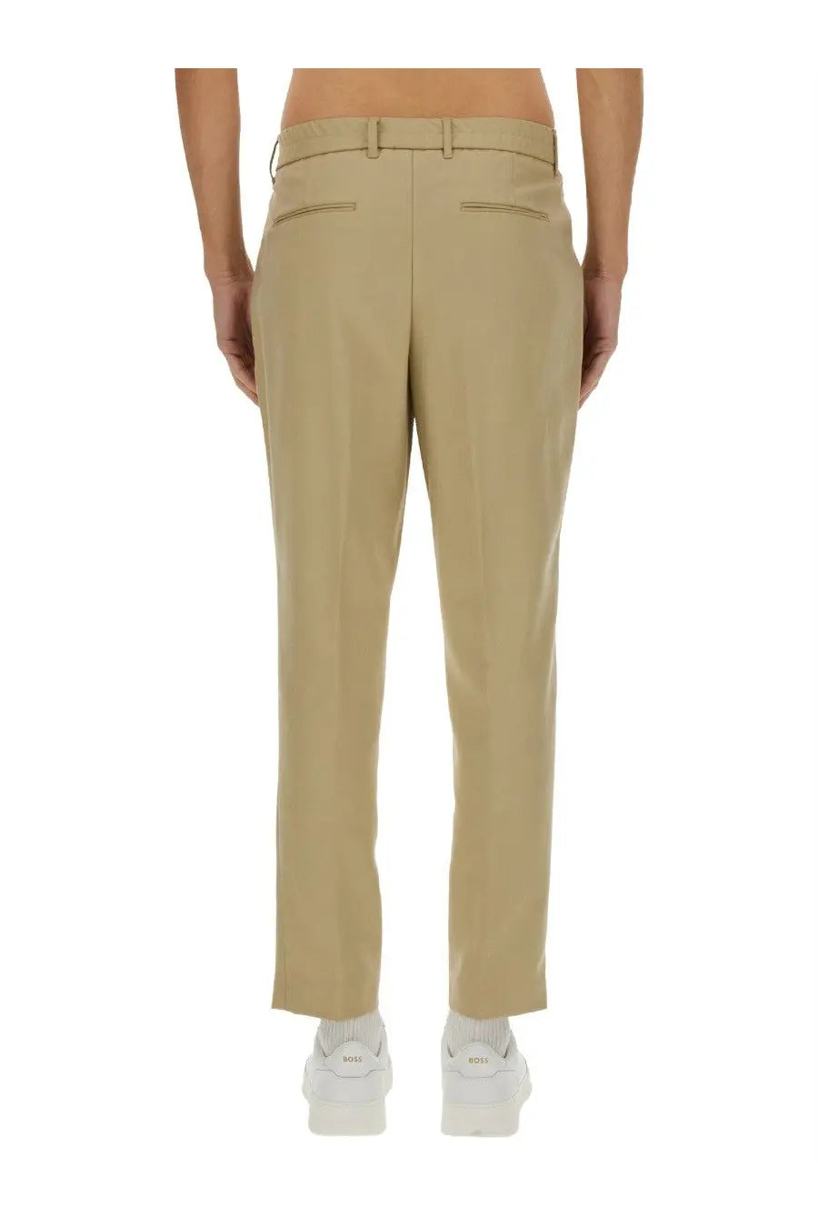 BOSS men’s beige chino trousers with tailored fit and subtle stitching details for a polished look
